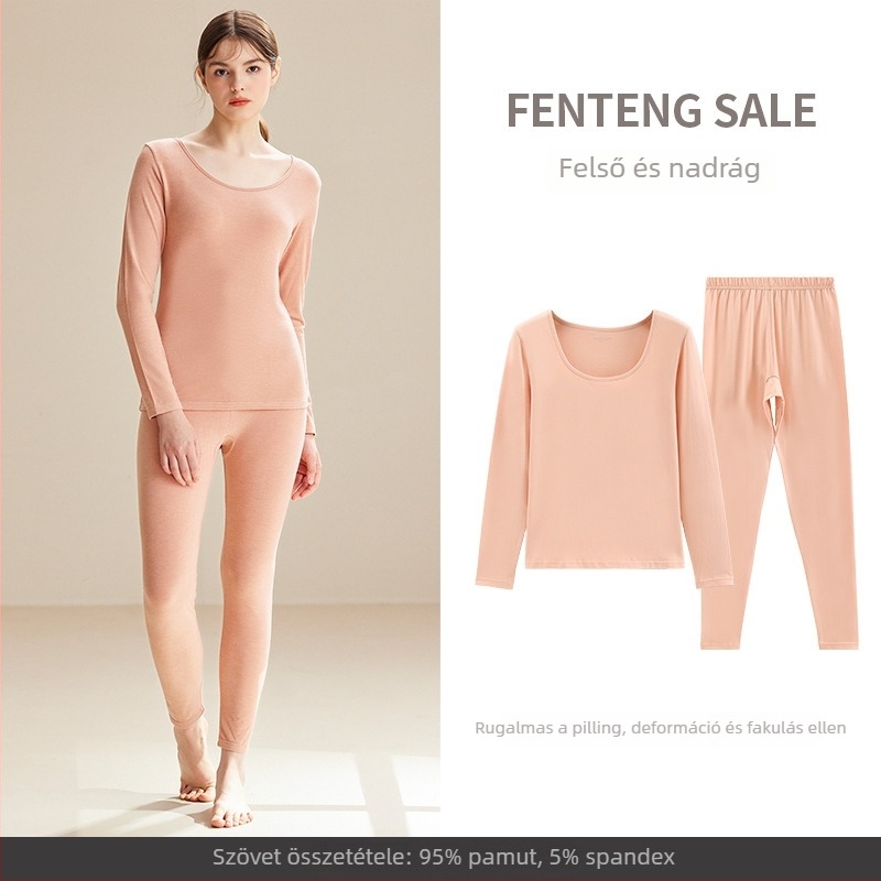 Női termikus alsóruha készlet: 95% pamut 5% spandex, egyszínű, felső kerek nyakú hosszú ujjú + hosszú nadrág, egy réteg, közepes súly 181-200 g/m2, meleg