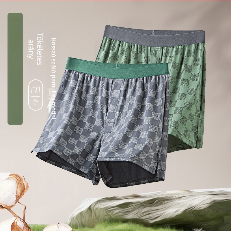 Férfi hosszú szálú pamut-modál boxer rövidnadrág alváshoz, laza fazon, csíkos/karos mintázat, ágyék rész 30-50% modál