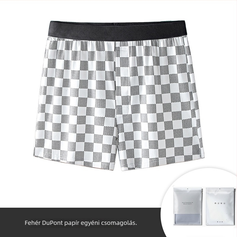 Férfi hosszú szálú pamut-modál boxer rövidnadrág alváshoz, laza fazon, csíkos/karos mintázat, ágyék rész 30-50% modál