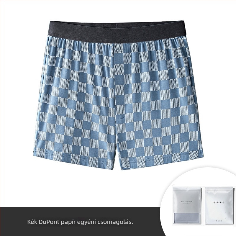 Férfi hosszú szálú pamut-modál boxer rövidnadrág alváshoz, laza fazon, csíkos/karos mintázat, ágyék rész 30-50% modál