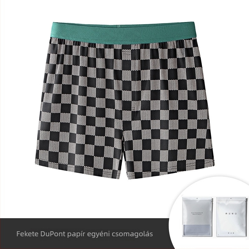 Férfi hosszú szálú pamut-modál boxer rövidnadrág alváshoz, laza fazon, csíkos/karos mintázat, ágyék rész 30-50% modál