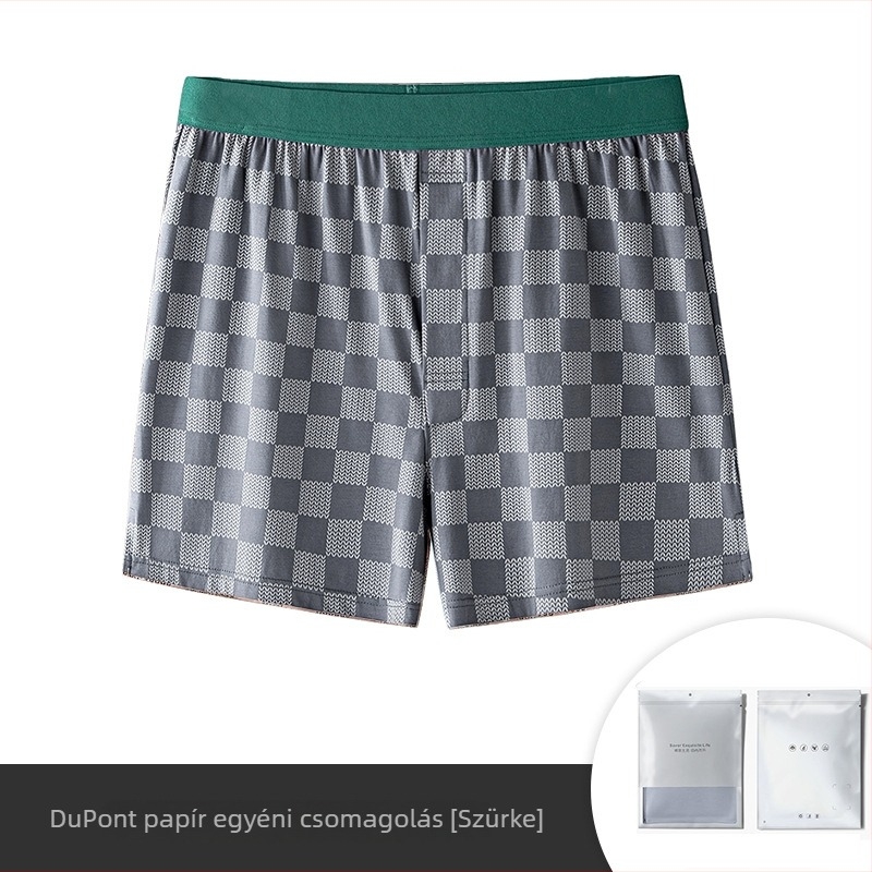 Férfi hosszú szálú pamut-modál boxer rövidnadrág alváshoz, laza fazon, csíkos/karos mintázat, ágyék rész 30-50% modál