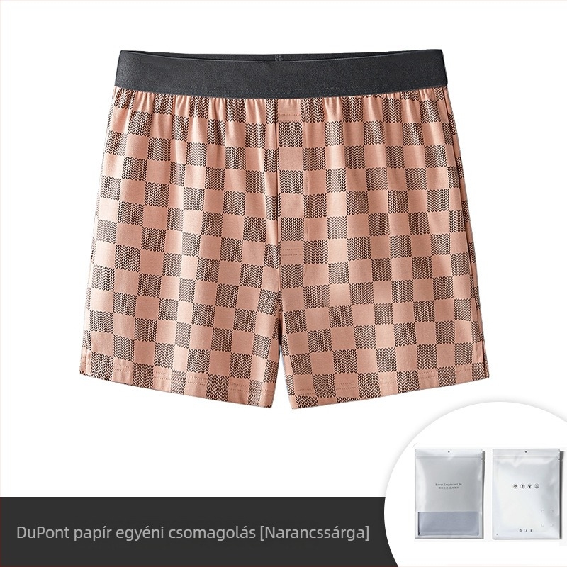 Férfi hosszú szálú pamut-modál boxer rövidnadrág alváshoz, laza fazon, csíkos/karos mintázat, ágyék rész 30-50% modál