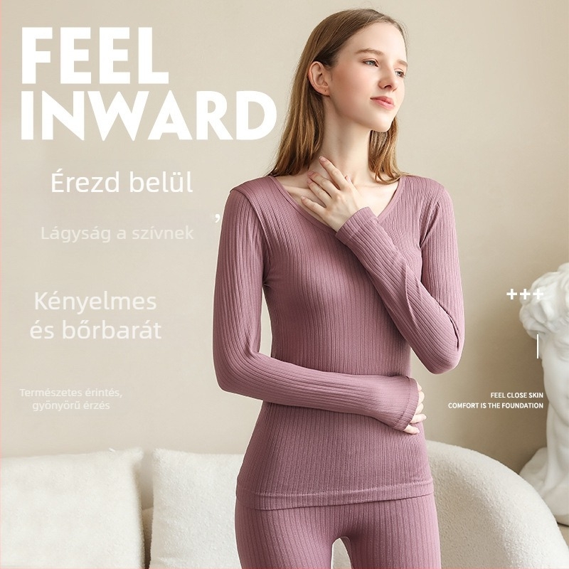Női medvés mintázatú bordázott, karcsúsított felső és nadrág termikus alsóruha készlet