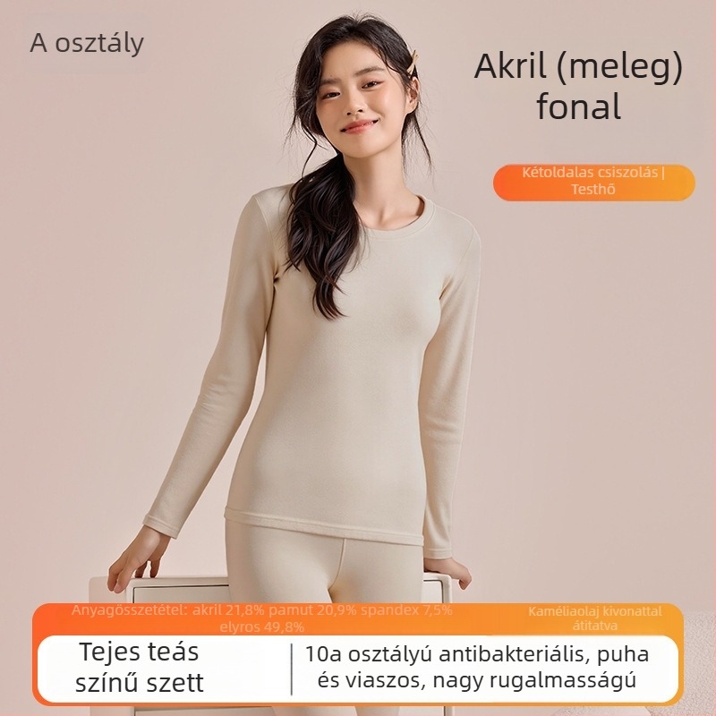 Női termikus alsóruha fleece-beleléssel, varrás nélküli, alapréteg kétoldalasan bolyhosított felső és nadrág, hosszú ujjú, környakú, őszi-téli