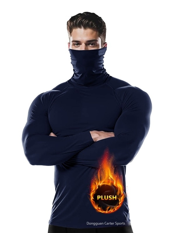 Férfi hosszú ujjú fleece-béléssel ellátott felső, magas gallérral és beépített arcfedezettel, egyszínű, poliészter-elasztán 90/10