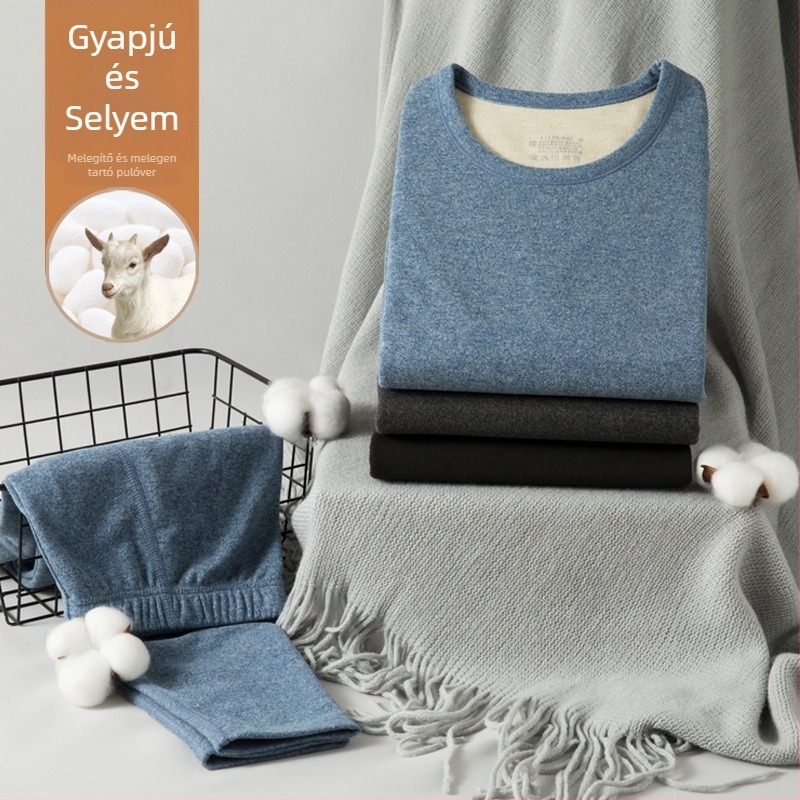 Uniszex gyapjú-selyem termikus alsóruha készlet, kerek nyakú, vastag fleece belsővel, hosszú ujjú felső és nadrág