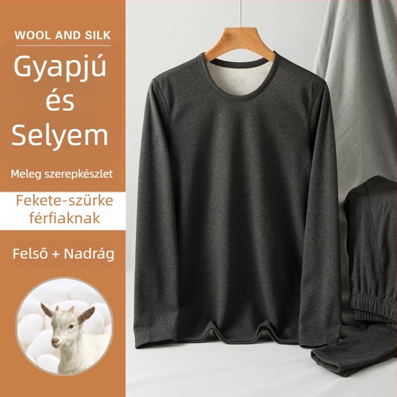 Uniszex gyapjú-selyem termikus alsóruha készlet, kerek nyakú, vastag fleece belsővel, hosszú ujjú felső és nadrág