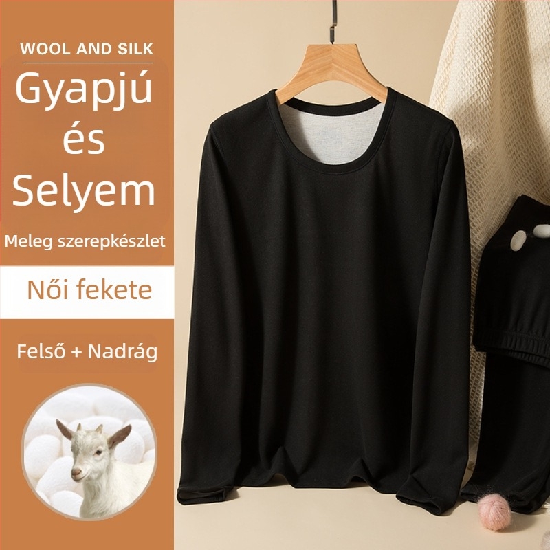 Uniszex gyapjú-selyem termikus alsóruha készlet, kerek nyakú, vastag fleece belsővel, hosszú ujjú felső és nadrág