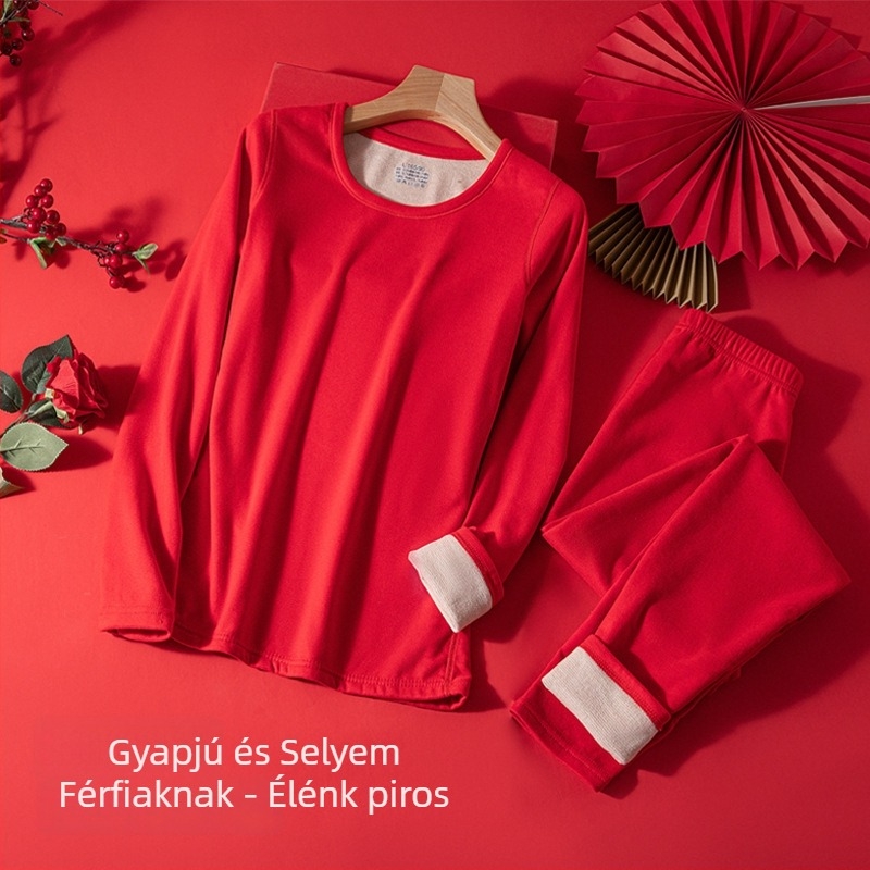 Uniszex gyapjú-selyem termikus alsóruha készlet, kerek nyakú, vastag fleece belsővel, hosszú ujjú felső és nadrág
