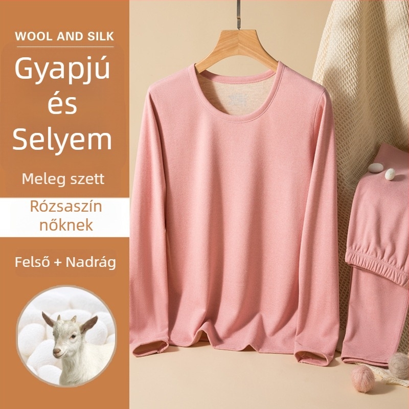 Uniszex gyapjú-selyem termikus alsóruha készlet, kerek nyakú, vastag fleece belsővel, hosszú ujjú felső és nadrág