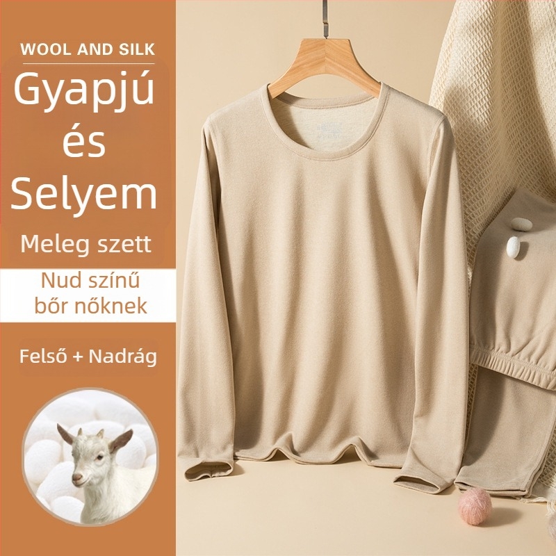 Uniszex gyapjú-selyem termikus alsóruha készlet, kerek nyakú, vastag fleece belsővel, hosszú ujjú felső és nadrág