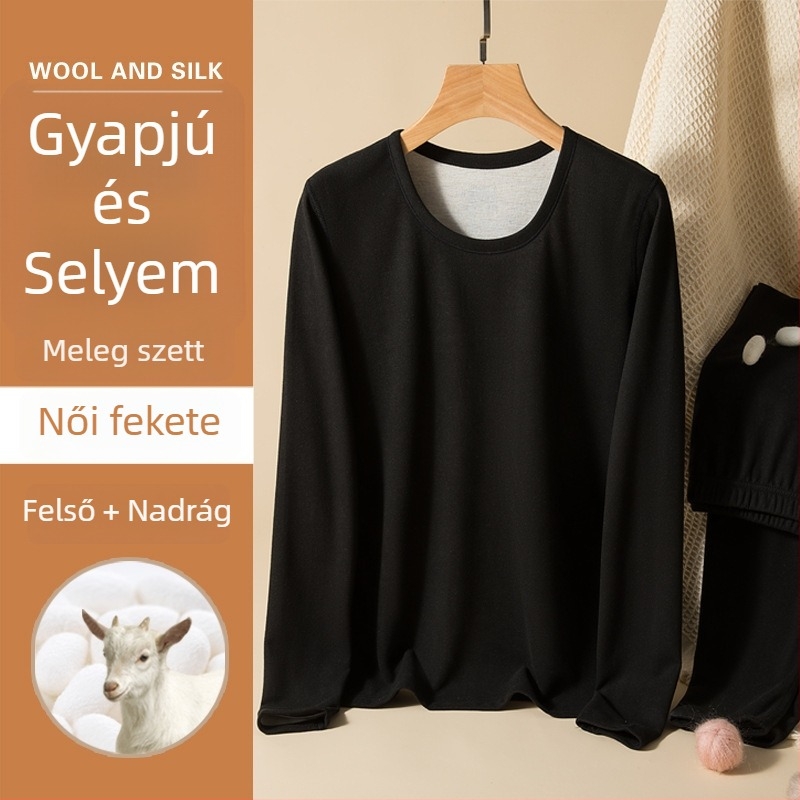 Uniszex gyapjú-selyem termikus alsóruha készlet, kerek nyakú, vastag fleece belsővel, hosszú ujjú felső és nadrág