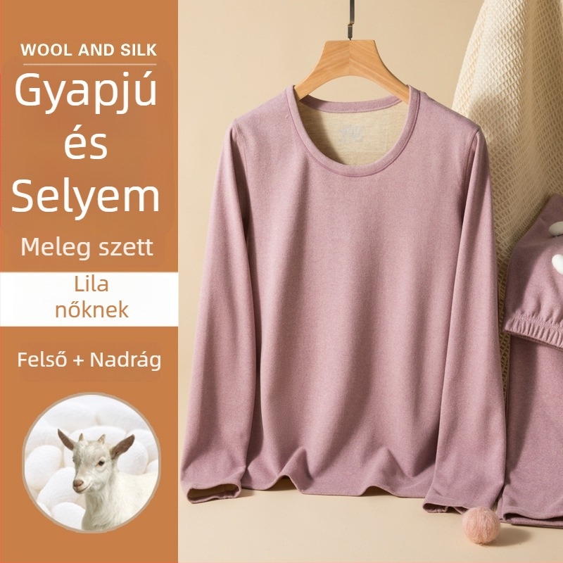 Uniszex gyapjú-selyem termikus alsóruha készlet, kerek nyakú, vastag fleece belsővel, hosszú ujjú felső és nadrág
