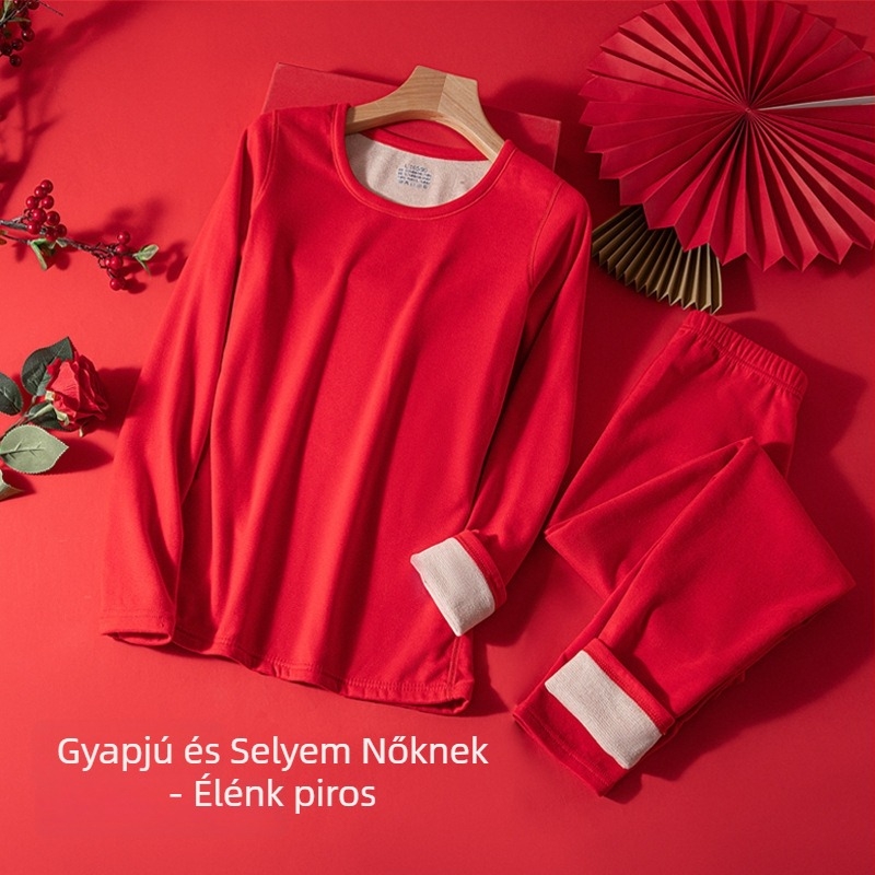 Uniszex gyapjú-selyem termikus alsóruha készlet, kerek nyakú, vastag fleece belsővel, hosszú ujjú felső és nadrág