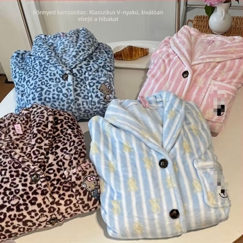 Weijia-stílus: meleg plüss pizsama, aranyos csíkokkal, leopard mintás rajzfilmszerű motívum, tej velvet otthoni viselet