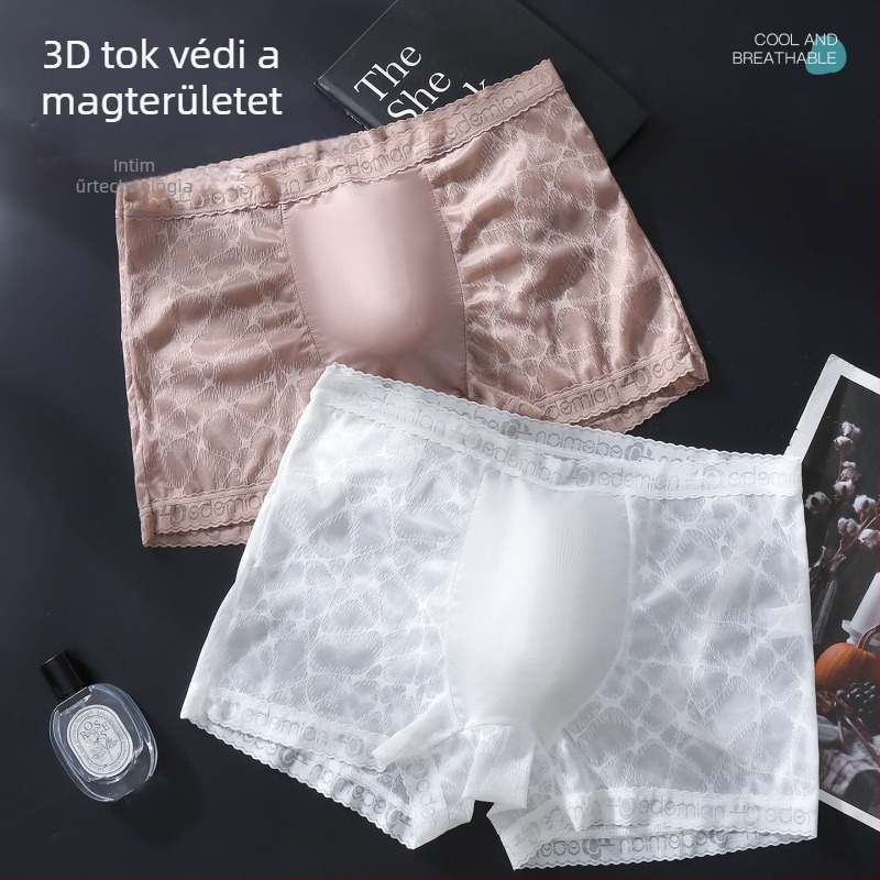 Férfi varrat nélküli, lélegző, antibakteriális boxer briefs csipkés hálóval, nyári modell, nagy méret