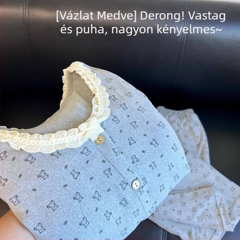 Női velúr pizsama szett aranyos medve motívummal, csipkés kardigánnal és hosszú nadrágokkal