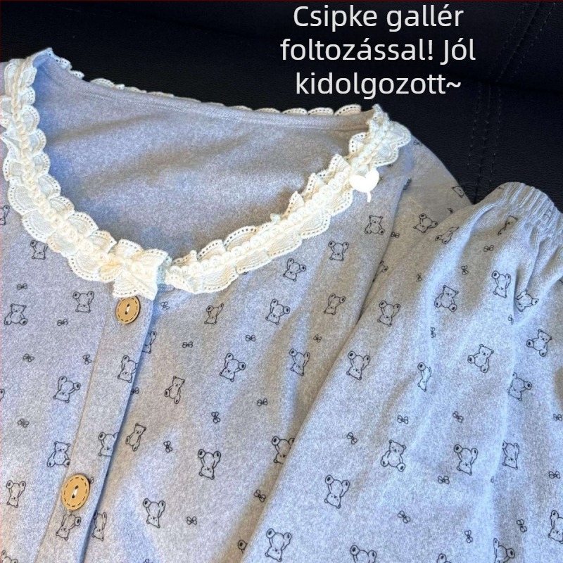 Női velúr pizsama szett aranyos medve motívummal, csipkés kardigánnal és hosszú nadrágokkal