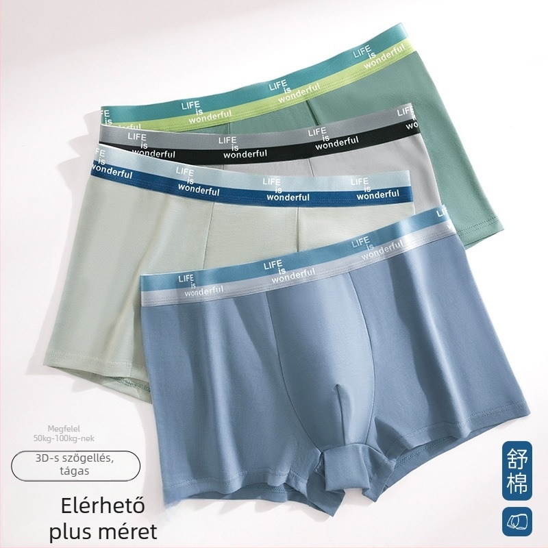 Férfi boxeralsó, 95–100% pamut, kötött anyag, középmagas derekú, lélegző és rugalmas, ágyék részen viszkóz 80–90%.
