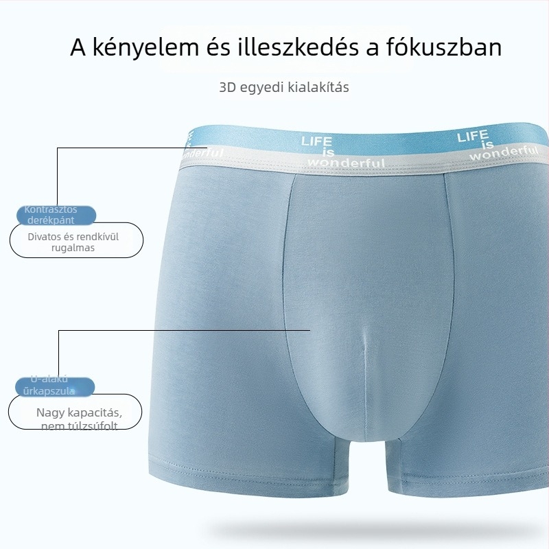 Férfi boxeralsó, 95–100% pamut, kötött anyag, középmagas derekú, lélegző és rugalmas, ágyék részen viszkóz 80–90%.