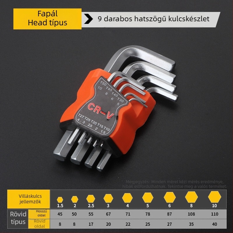 Tianhu 9 részes Ball-End hex kulcs készlet, hex socket fej, 45# acél