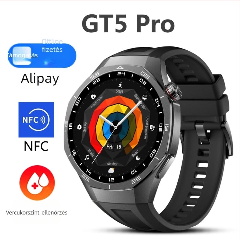 GT5 Pro Okosóra NFC fizetéssel, játszható játékok, vércukorszint-mérés, Bluetooth hívások, pulzusmérés