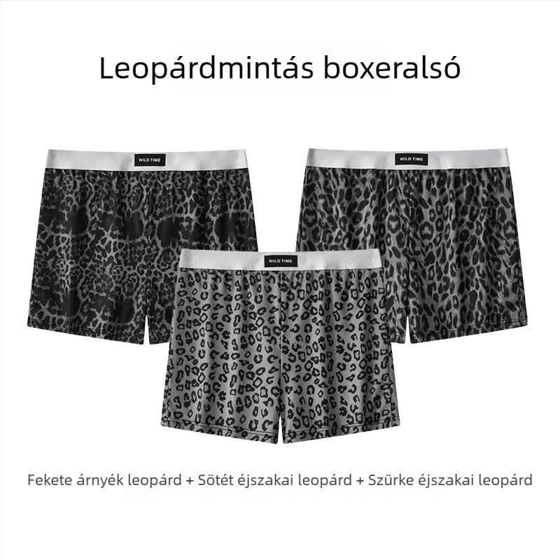Férfi boxerek otthonra, laza szabás, középmagas derekú, poliészter anyag spandex betéttel a szeméremnél, kamuflázs és leopard minták