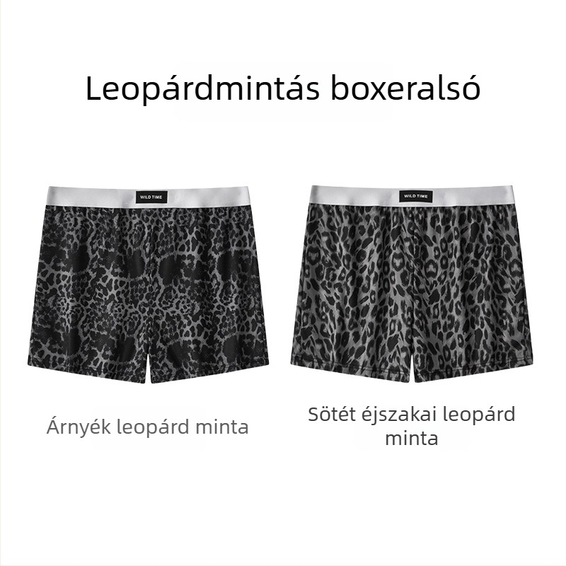 Férfi boxerek otthonra, laza szabás, középmagas derekú, poliészter anyag spandex betéttel a szeméremnél, kamuflázs és leopard minták