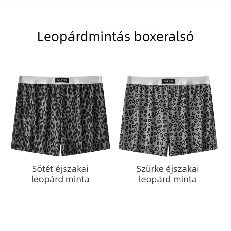 Férfi boxerek otthonra, laza szabás, középmagas derekú, poliészter anyag spandex betéttel a szeméremnél, kamuflázs és leopard minták