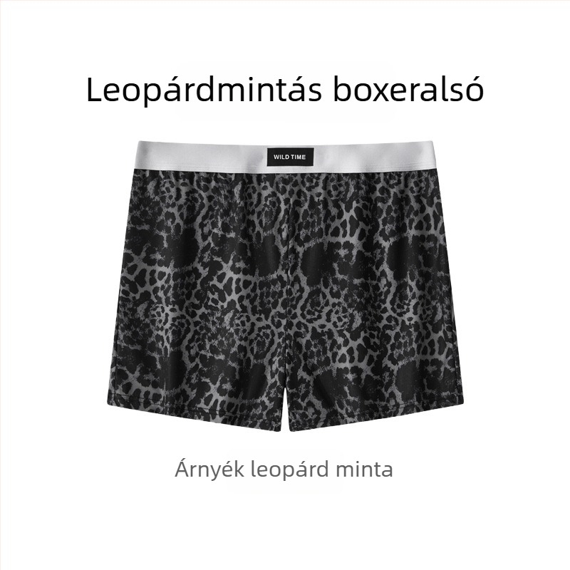 Férfi boxerek otthonra, laza szabás, középmagas derekú, poliészter anyag spandex betéttel a szeméremnél, kamuflázs és leopard minták