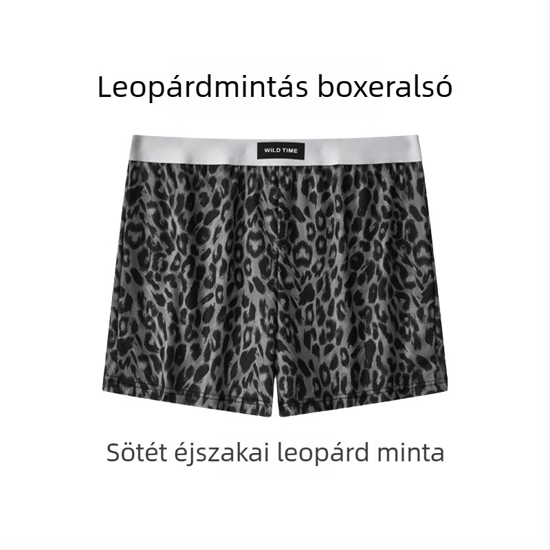 Férfi boxerek otthonra, laza szabás, középmagas derekú, poliészter anyag spandex betéttel a szeméremnél, kamuflázs és leopard minták