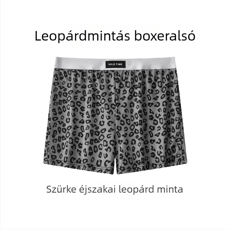 Férfi boxerek otthonra, laza szabás, középmagas derekú, poliészter anyag spandex betéttel a szeméremnél, kamuflázs és leopard minták