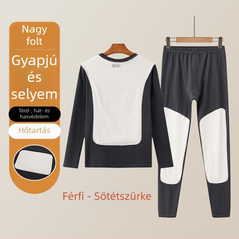 Férfi termikus alsóruha készlet gyapjú-selyem patch-ekkel, vastag téli felső és nadrág fleece béléssel, térdvédővel