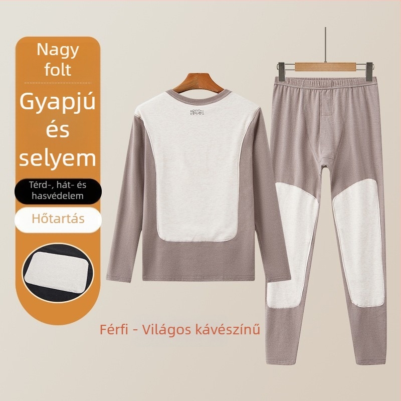 Férfi termikus alsóruha készlet gyapjú-selyem patch-ekkel, vastag téli felső és nadrág fleece béléssel, térdvédővel
