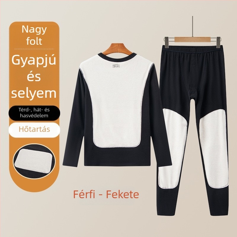 Férfi termikus alsóruha készlet gyapjú-selyem patch-ekkel, vastag téli felső és nadrág fleece béléssel, térdvédővel