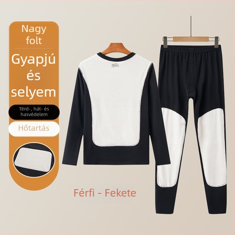 Férfi termikus alsóruha készlet gyapjú-selyem patch-ekkel, vastag téli felső és nadrág fleece béléssel, térdvédővel