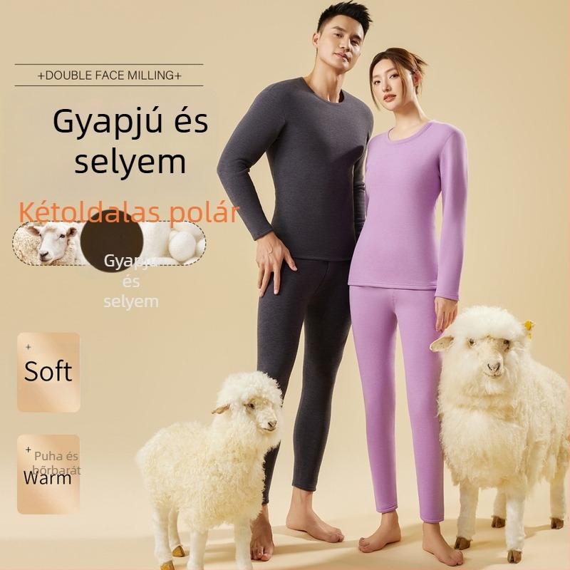 Uniszex téli vastag fleece-betétes alsónemű készlet – felső kerek nyakú és nadrág