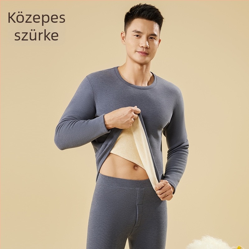Uniszex téli vastag fleece-betétes alsónemű készlet – felső kerek nyakú és nadrág