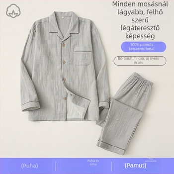 Férfi pizsama szett - kétszeres réteg géz, 100% pamut - japán minimalist stílus - hosszú ujjú