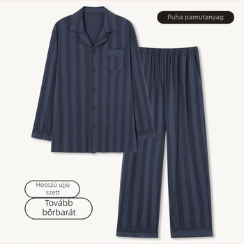 Férfi 100% pamut pizsama szett – kardigán stílusú galléros, hosszú ujjú, hosszú nadrág