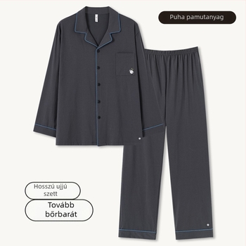 Férfi 100% pamut pizsama szett – kardigán stílusú galléros, hosszú ujjú, hosszú nadrág