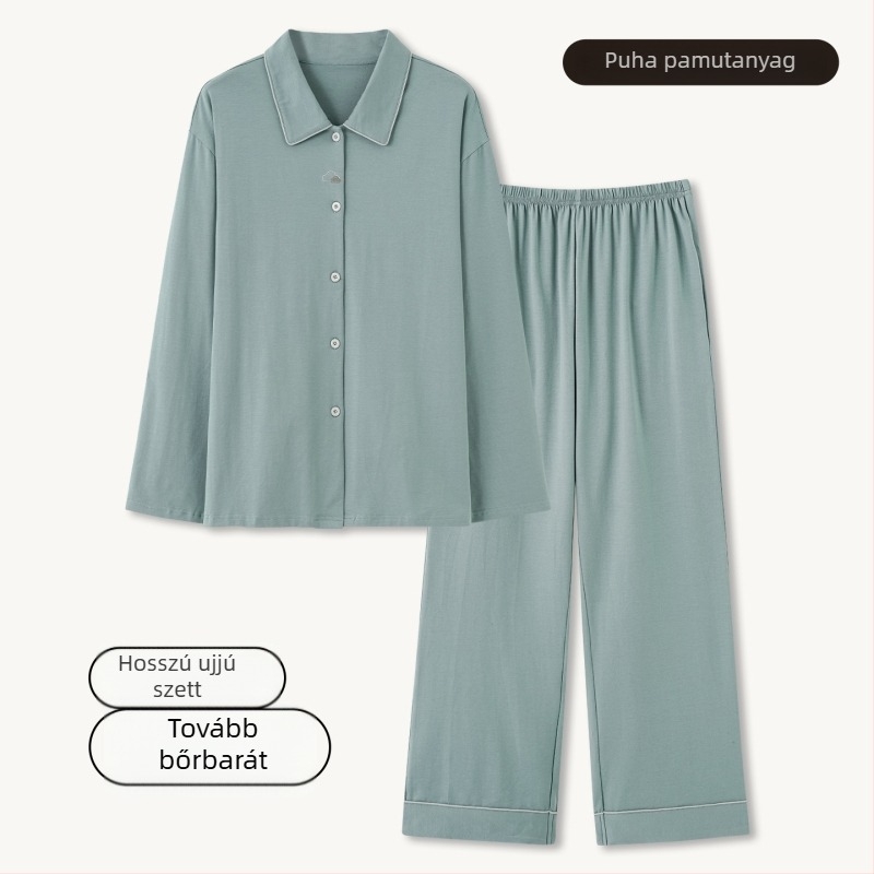 Férfi 100% pamut pizsama szett – kardigán stílusú galléros, hosszú ujjú, hosszú nadrág