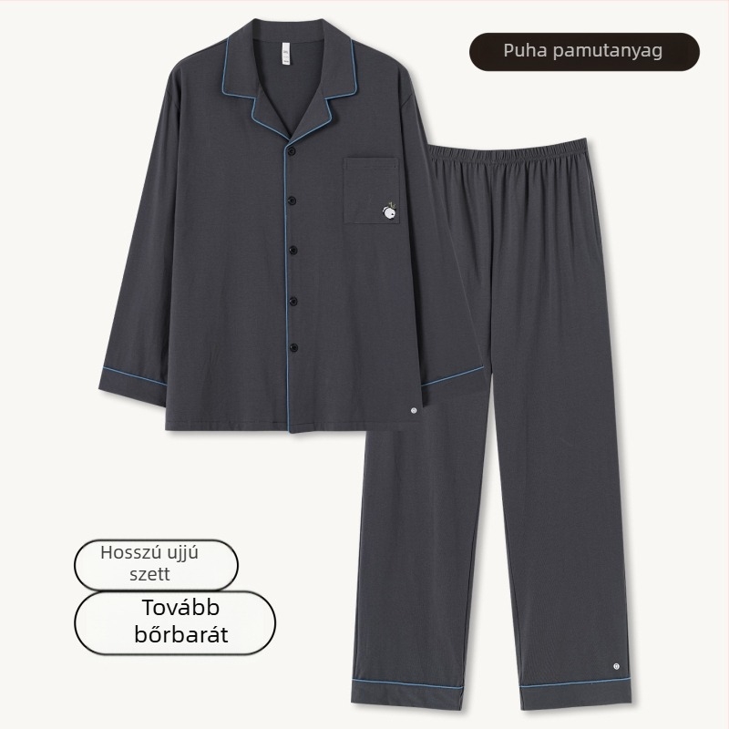 Férfi 100% pamut pizsama szett – kardigán stílusú galléros, hosszú ujjú, hosszú nadrág