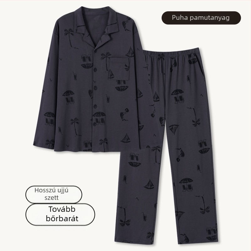 Férfi 100% pamut pizsama szett – kardigán stílusú galléros, hosszú ujjú, hosszú nadrág