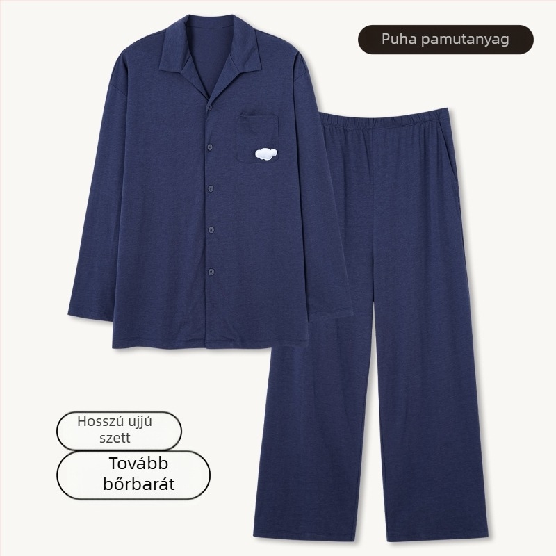 Férfi 100% pamut pizsama szett – kardigán stílusú galléros, hosszú ujjú, hosszú nadrág