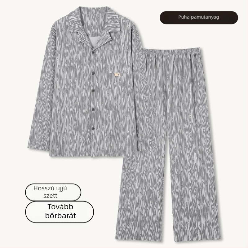 Férfi 100% pamut pizsama szett – kardigán stílusú galléros, hosszú ujjú, hosszú nadrág