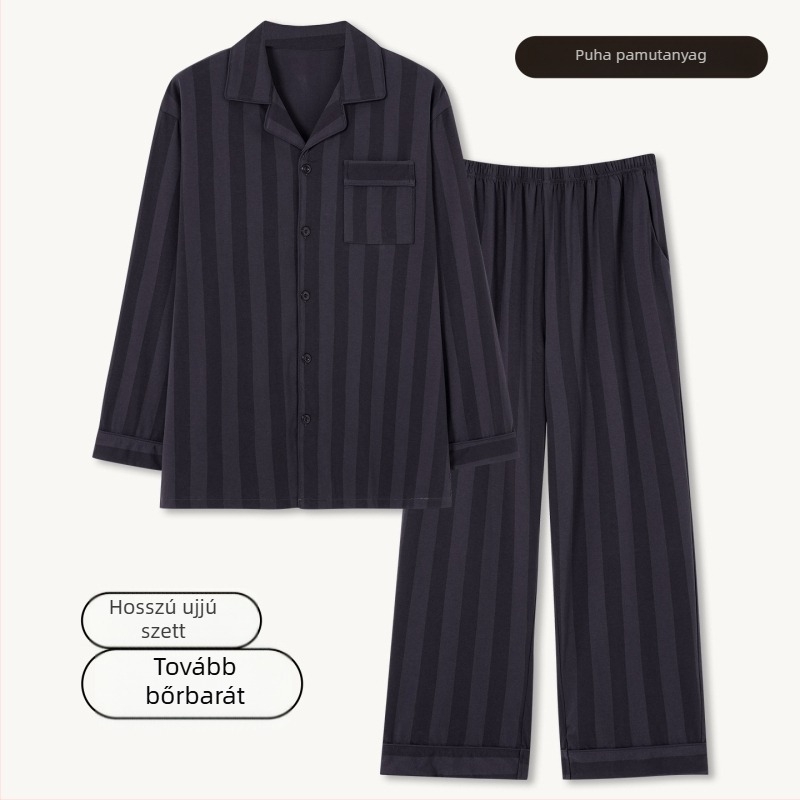 Férfi 100% pamut pizsama szett – kardigán stílusú galléros, hosszú ujjú, hosszú nadrág