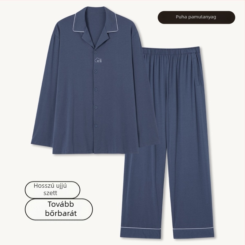 Férfi 100% pamut pizsama szett – kardigán stílusú galléros, hosszú ujjú, hosszú nadrág