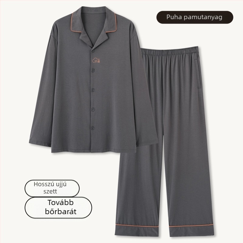 Férfi 100% pamut pizsama szett – kardigán stílusú galléros, hosszú ujjú, hosszú nadrág